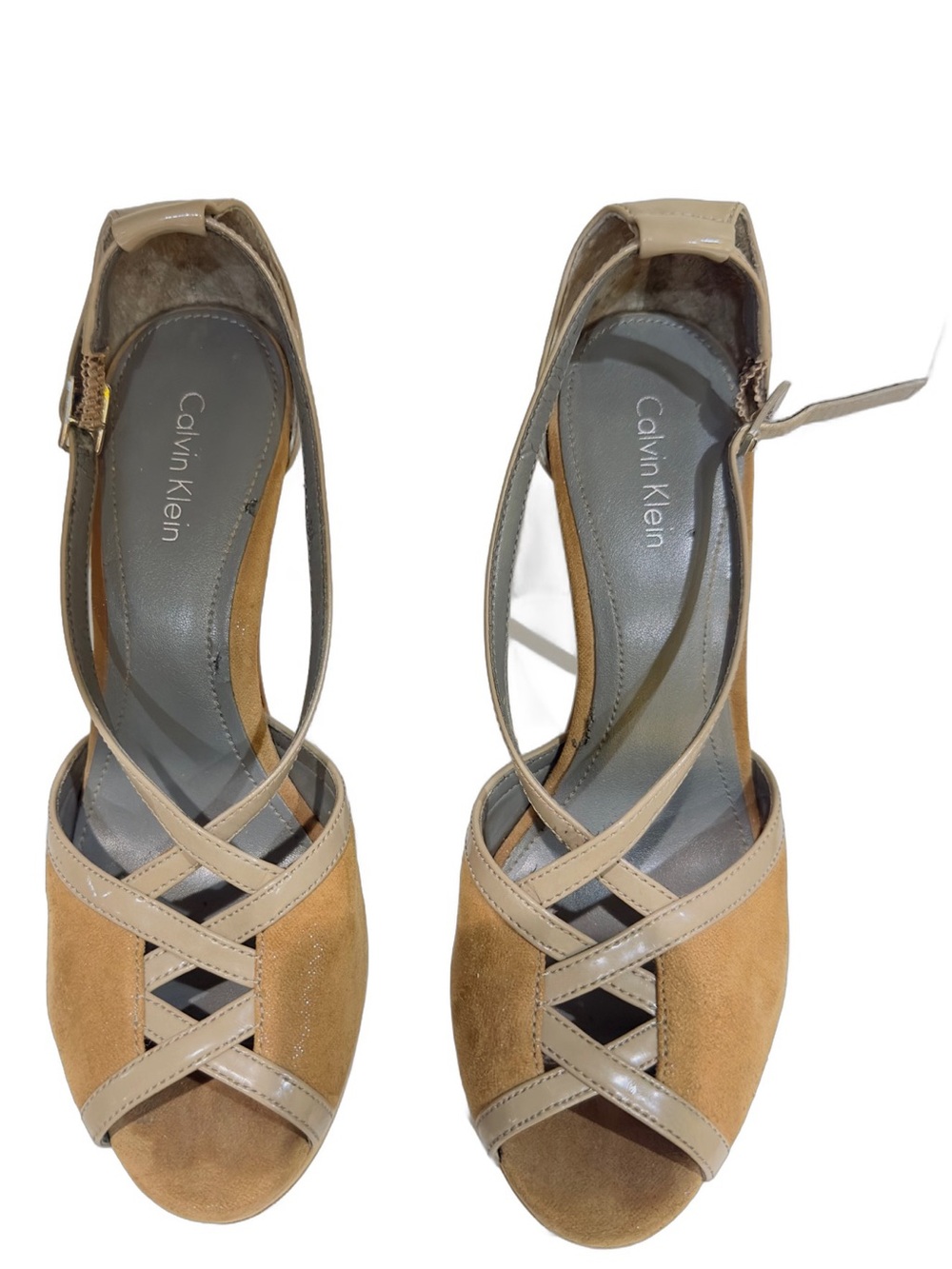 Calvin Klein Tan Suede Platform Sandals Crisscross Strap Peep Toe Size 7